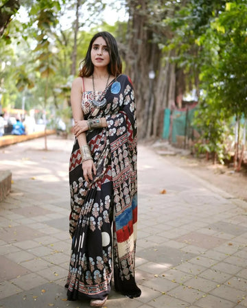 "Elegant Black Floral Ajrakh Model Silk Saree"