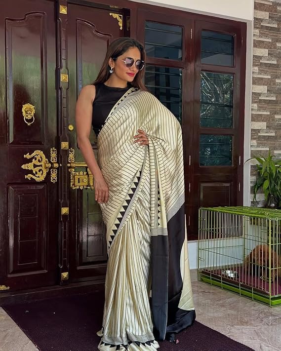 "Elegant Ivory and Black Geometric Printed Saree With Bold Modern Pallu"