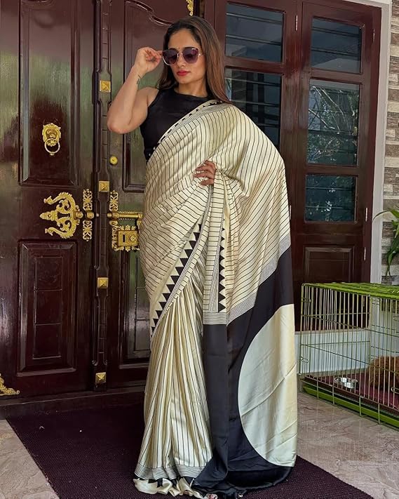 "Elegant Ivory and Black Geometric Printed Saree With Bold Modern Pallu"