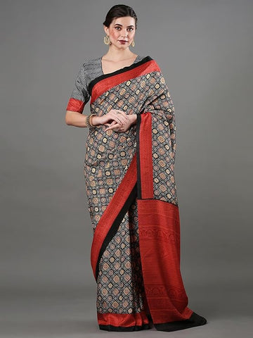 Black and Red Ajrakh  Saree with Geometric Motifs