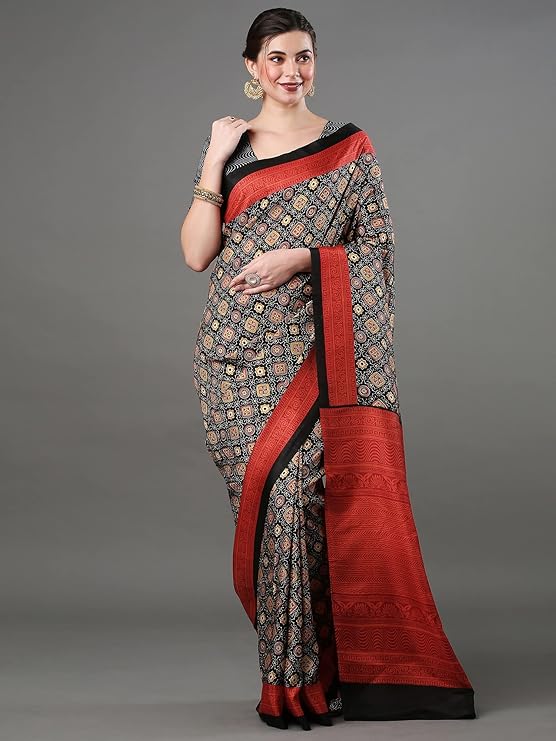 Black and Red Ajrakh  Saree with Geometric Motifs