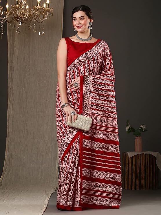 "Graceful Red Ajrakh Silk Saree With White Ethnic Leaf"