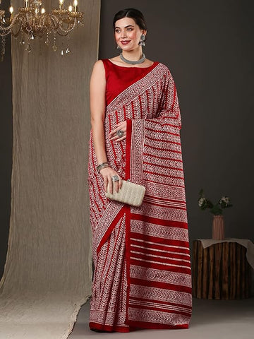 "Graceful Red Ajrakh Silk Saree With White Ethnic Leaf"