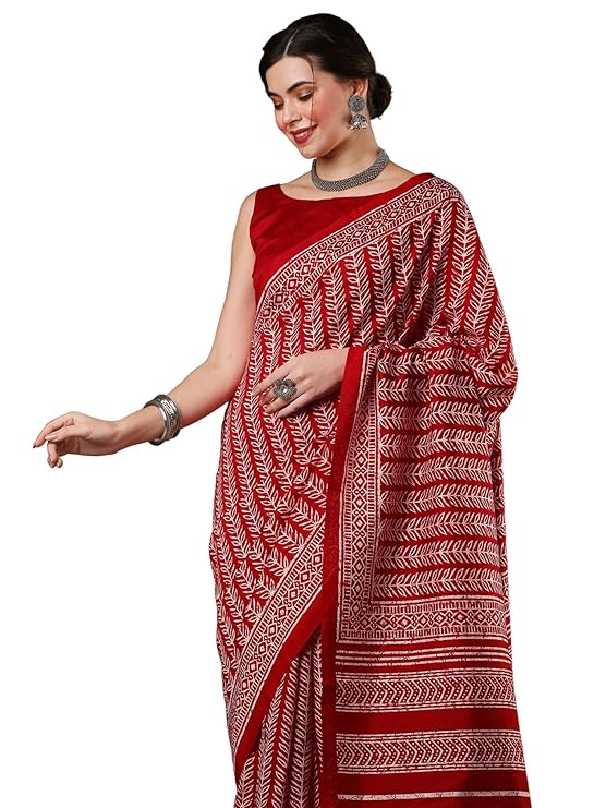 "Graceful Red Ajrakh Silk Saree With White Ethnic Leaf"