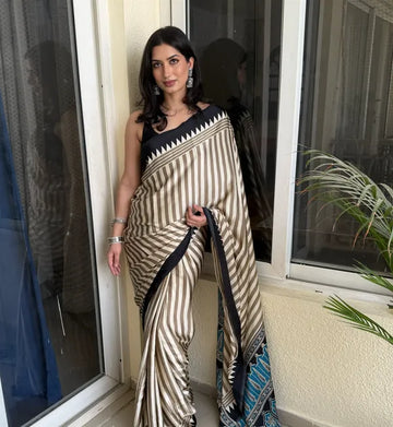 Elegant Black Ajrakh Printed Modal Silk Saree with Blouse Piece