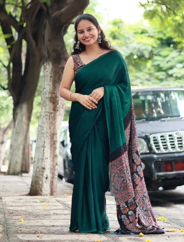 "Teal Green Saree with Ajrakh Pallu in Modal Silk"