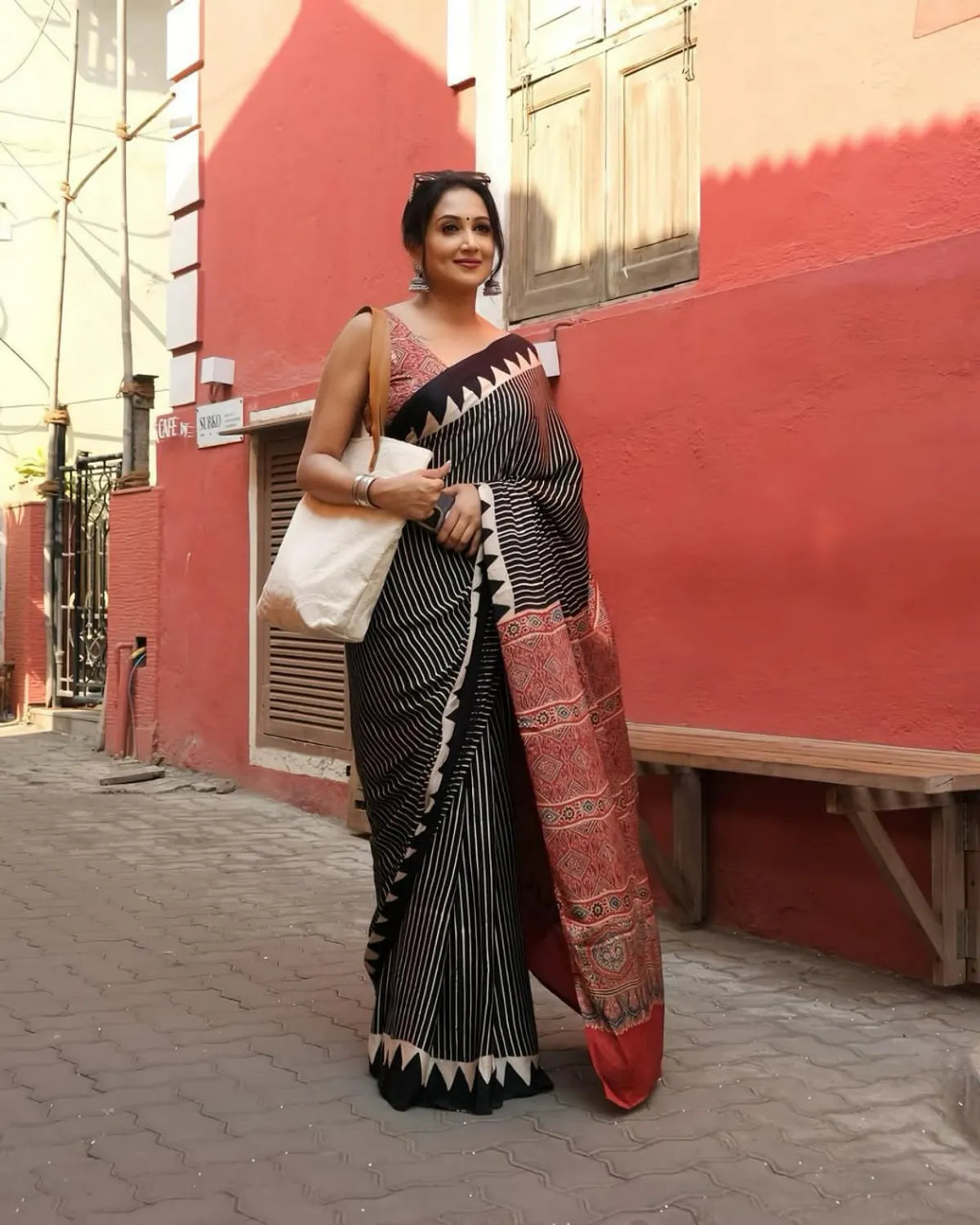Urban Black Modal Silk Saree With Ajrakh Touch