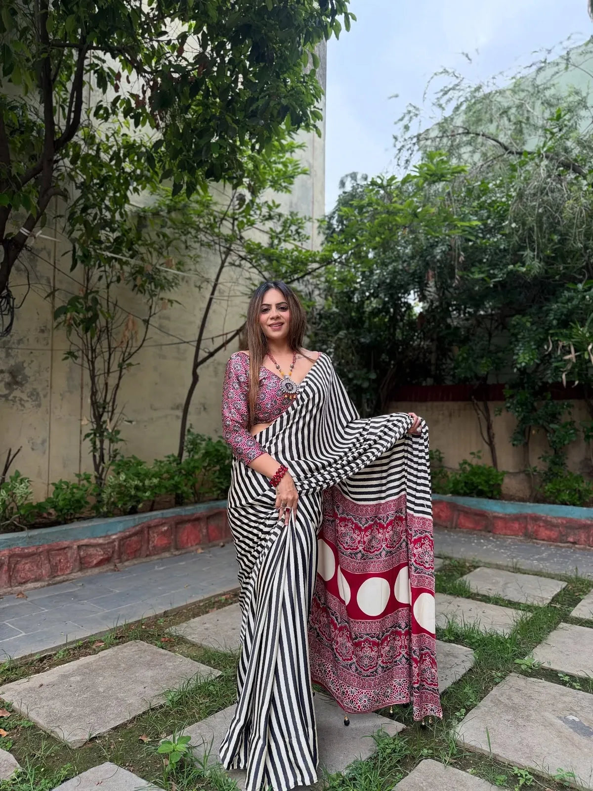 "Bold & Beautiful Black-White Stripes With Red Ornamental Pallu Saree"