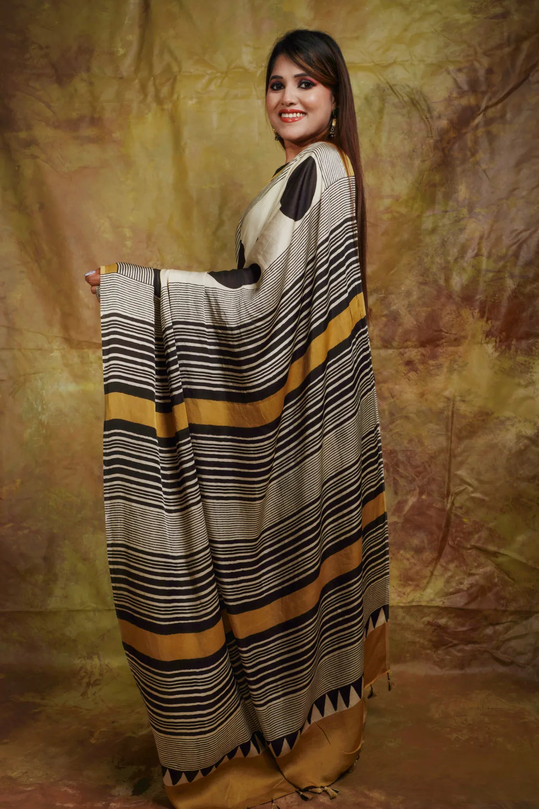 "Modern Polka Print Saree in Cream and Black with Statement Pallu"