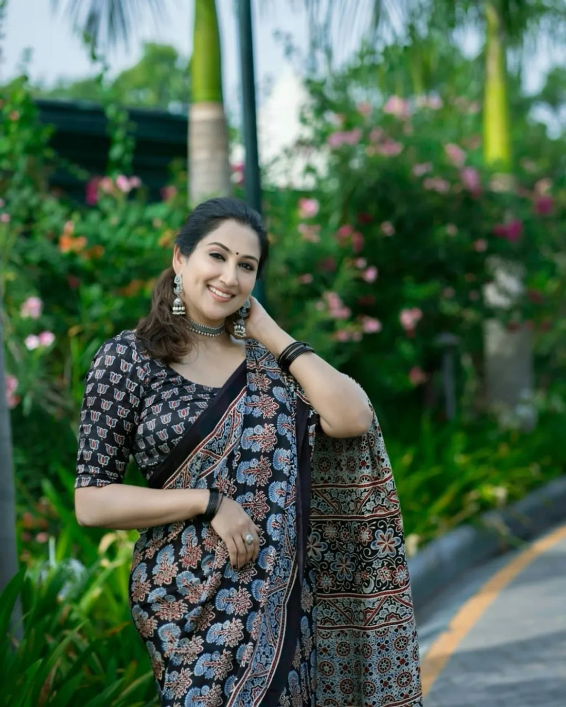 Grace in Bloom Black Ajrakh Silk Saree