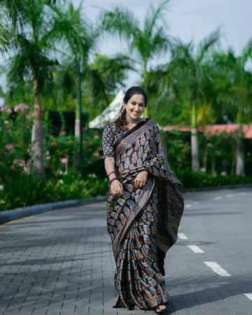 Grace in Bloom Black Ajrakh Silk Saree