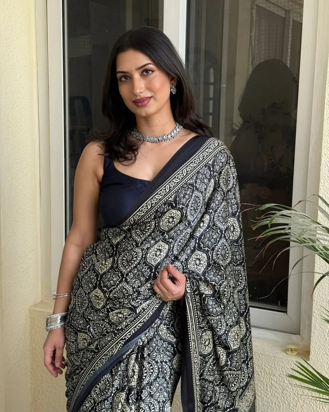 Black Ajrakh Printed Soft Modal Silk Saree
