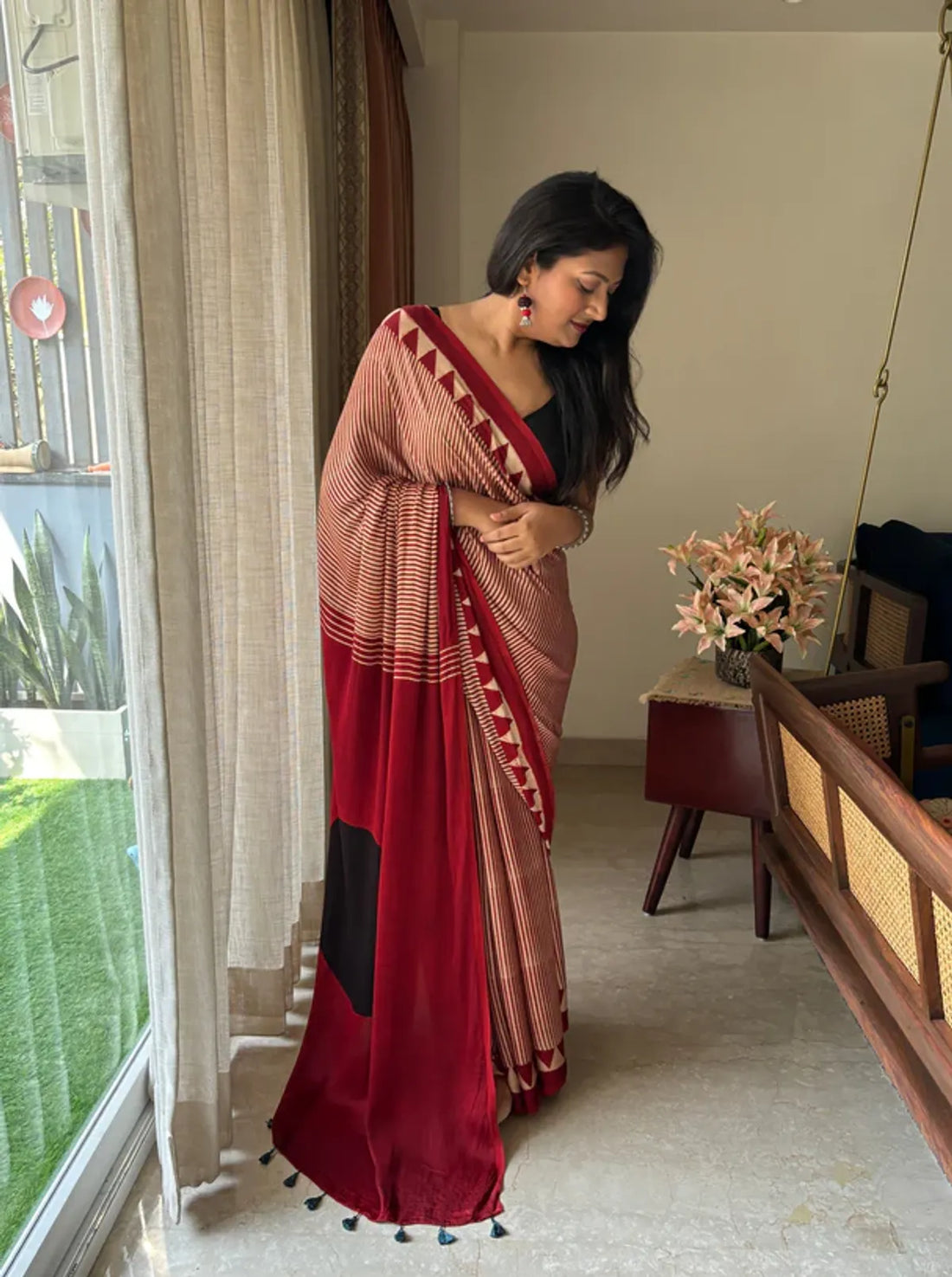 "Black Bindi & Red Ajrakh Silk Saree – A Minimalist Classic"