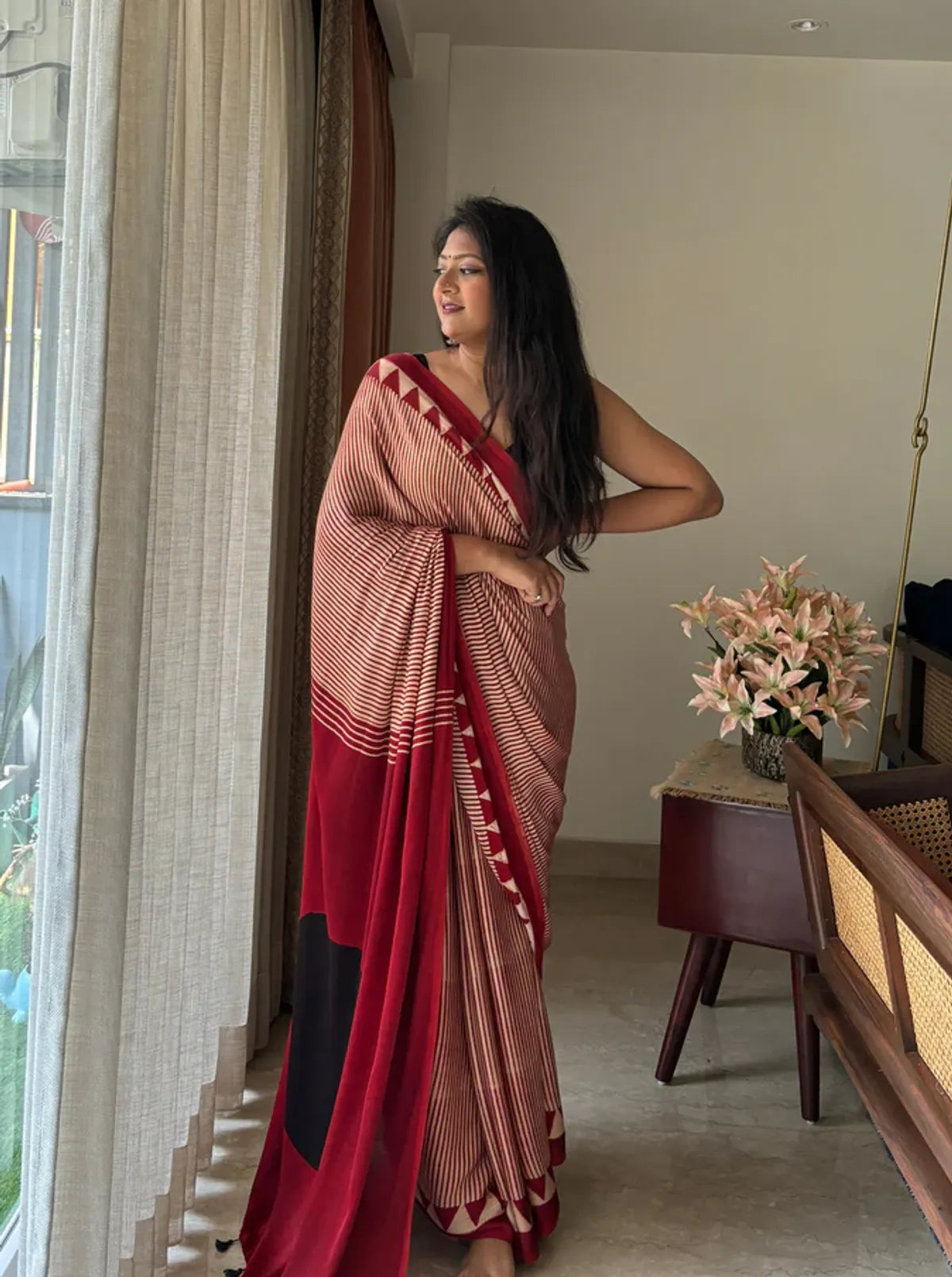 "Black Bindi & Red Ajrakh Silk Saree – A Minimalist Classic"
