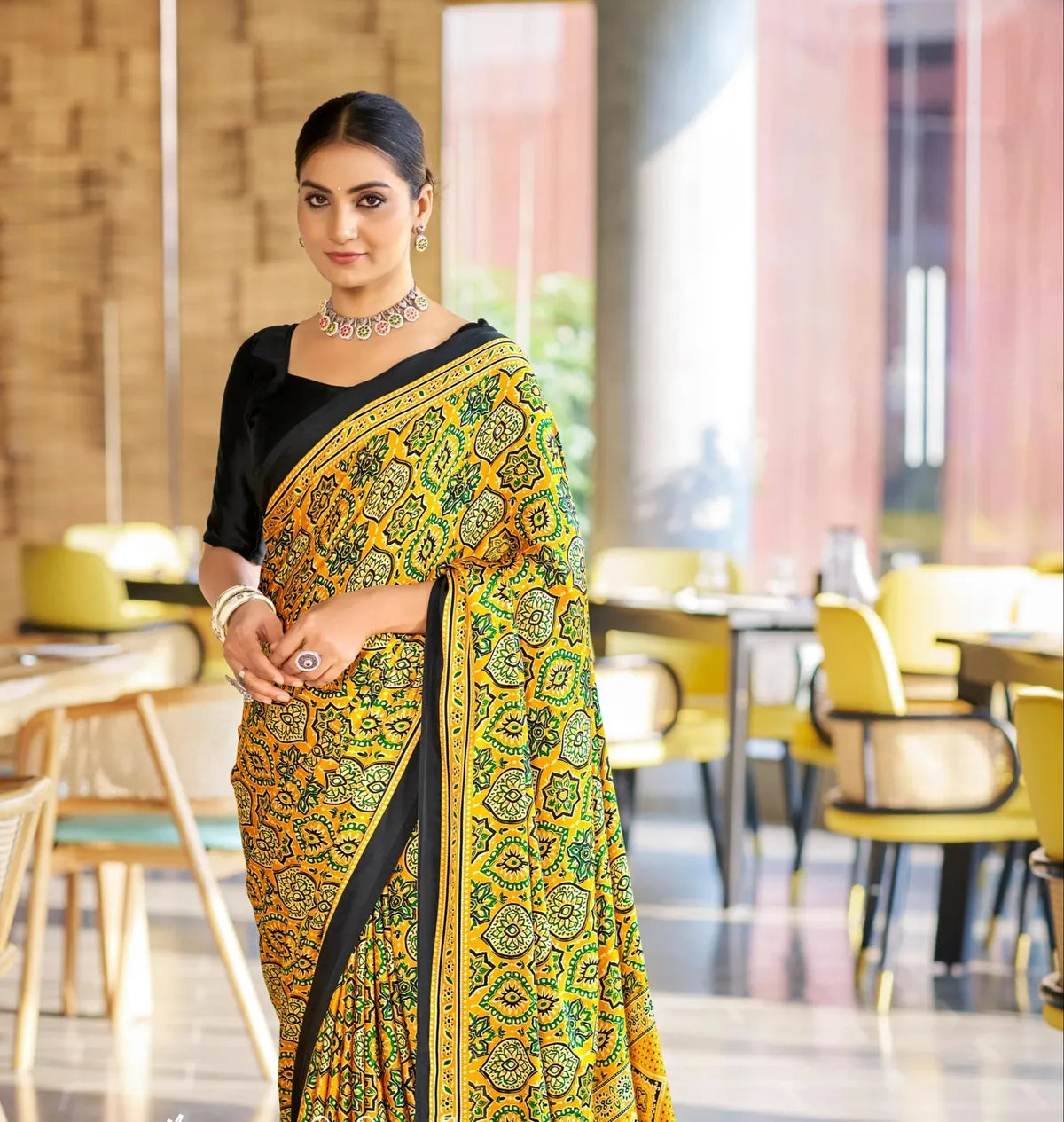 Brilliant Yellow Ajrakh Printed Soft Modal Silk Natural Print Saree