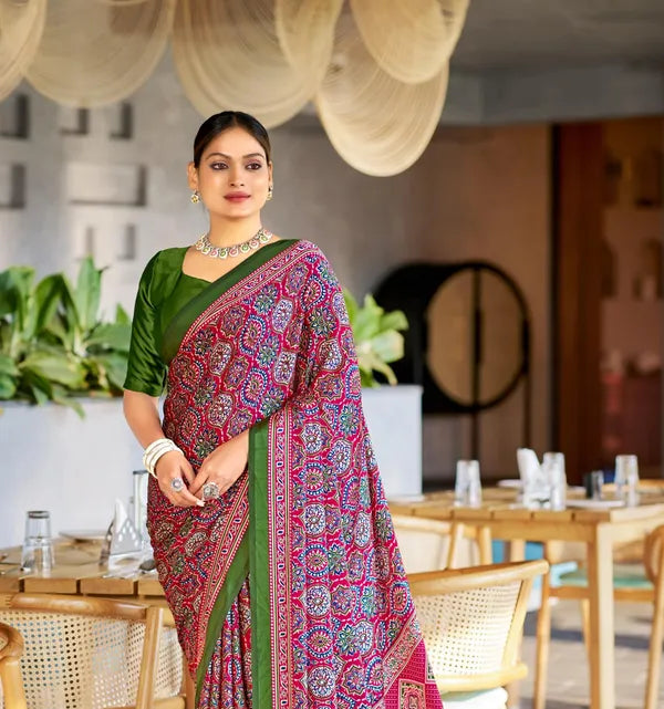 Rani Ajrakh Printed Modal Silk Saree with Blouse Piece – Soft & Elegant Look