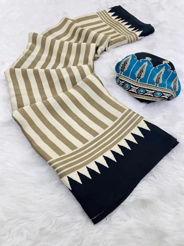 Elegant Black Ajrakh Printed Modal Silk Saree with Blouse Piece