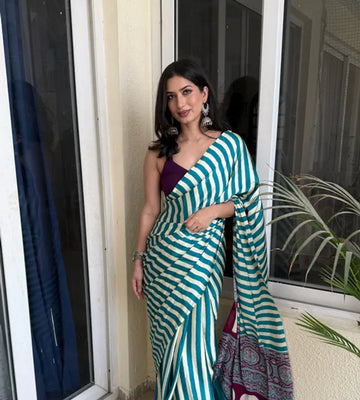 Deep Aqua Striped Ajrakh Hand-Printed Modal Silk Saree