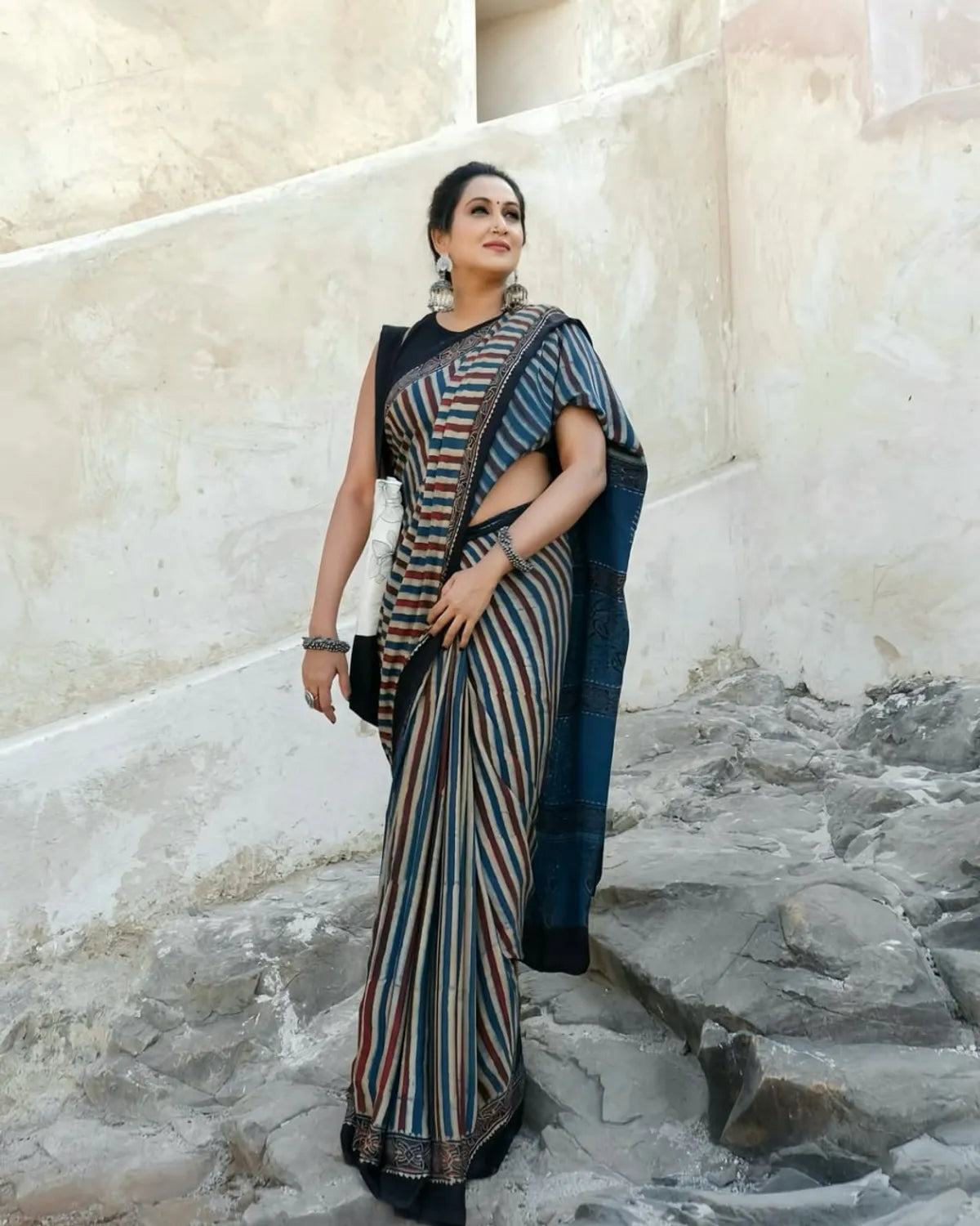 "Elegant Multicolor Striped Semi-Gaji Silk Ajrakh Saree With Contrasting Pallu"