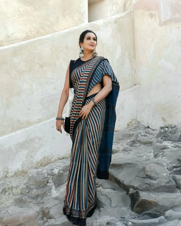 "Elegant Multicolor Striped Semi-Gaji Silk Ajrakh Saree With Contrasting Pallu"