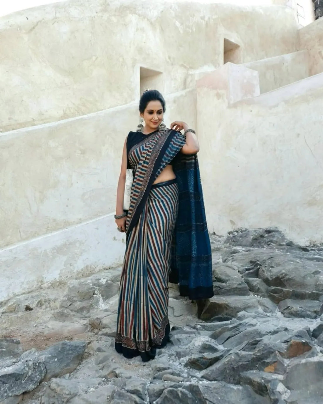 "Elegant Multicolor Striped Semi-Gaji Silk Ajrakh Saree With Contrasting Pallu"
