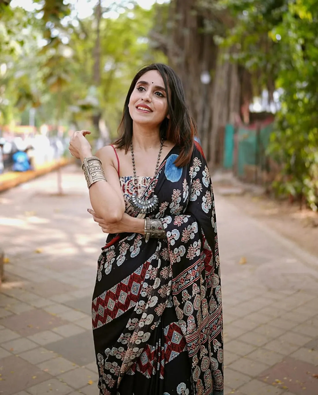"Elegant Black Floral Ajrakh Model Silk Saree"