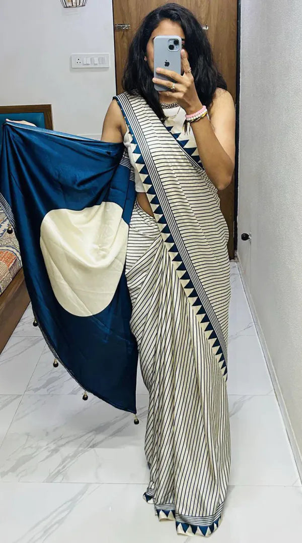 Elegant Beige Saree with Navy Blue  Line Design