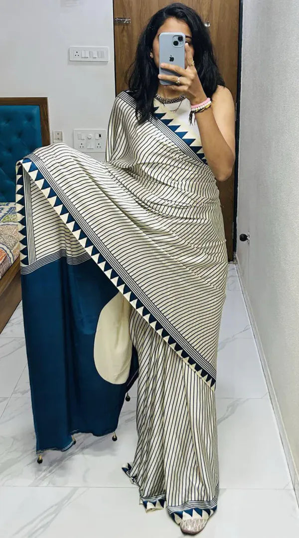 Elegant Beige Saree with Navy Blue  Line Design