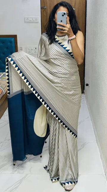 Elegant Beige Saree with Navy Blue  Line Design
