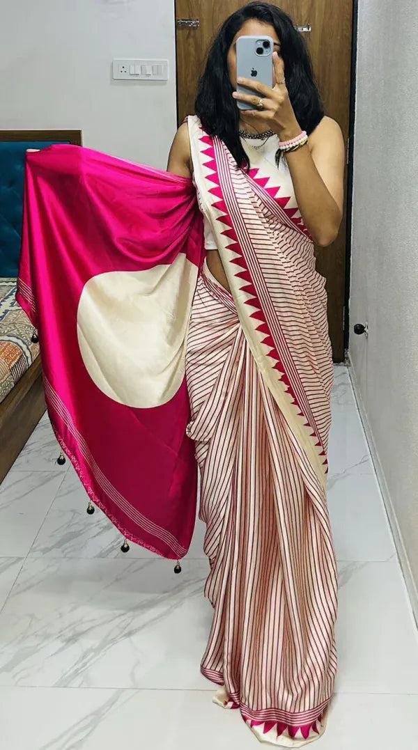 Elegant Beige Saree with Pink Line Design