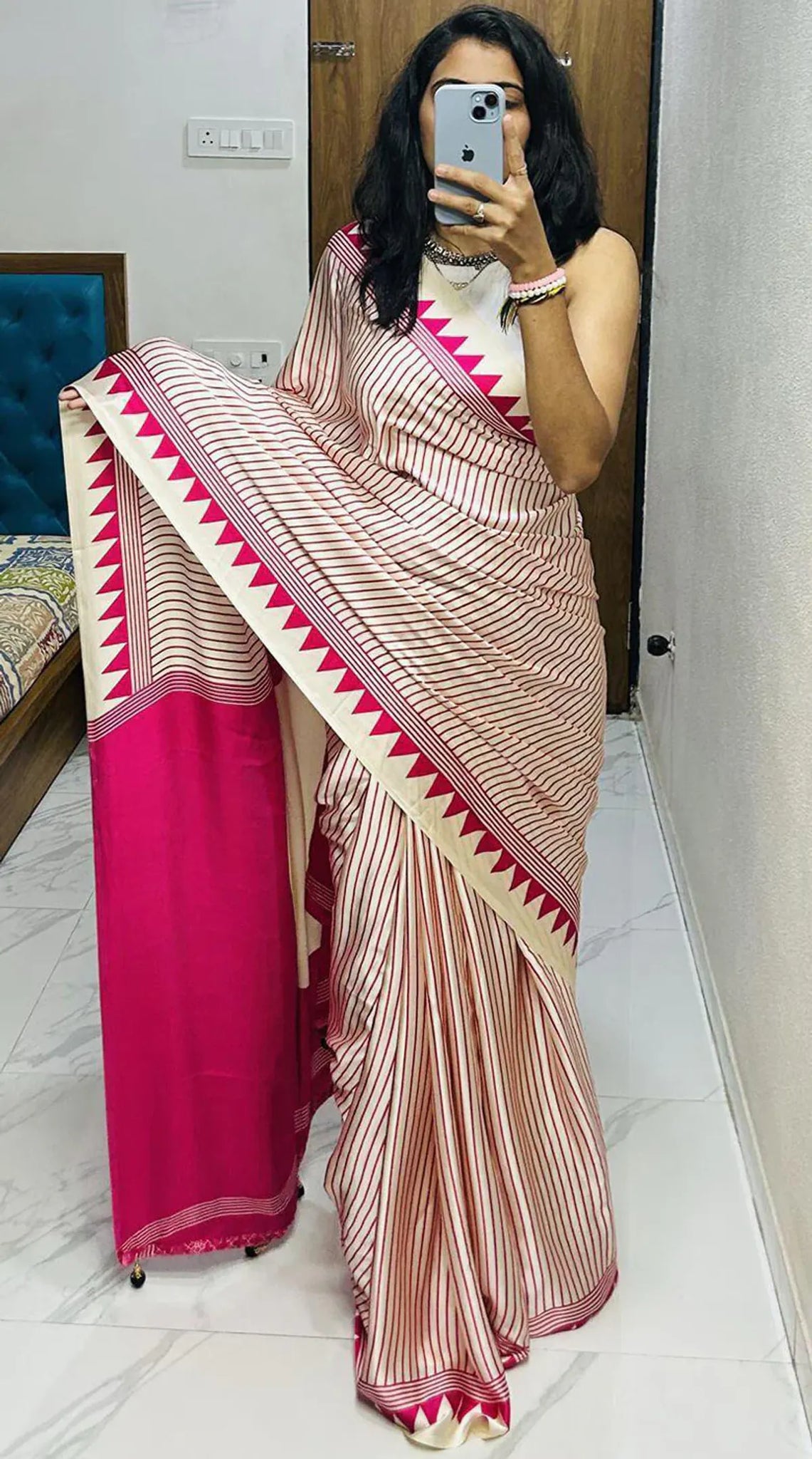 Elegant Beige Saree with Pink Line Design