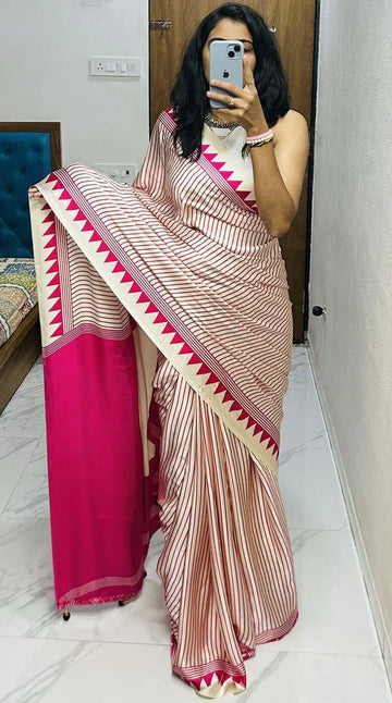 Elegant Beige Saree with Pink Line Design