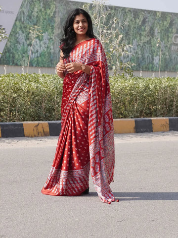 Graceful Red Ajrakh Print Silk Saree with Traditional Motifs