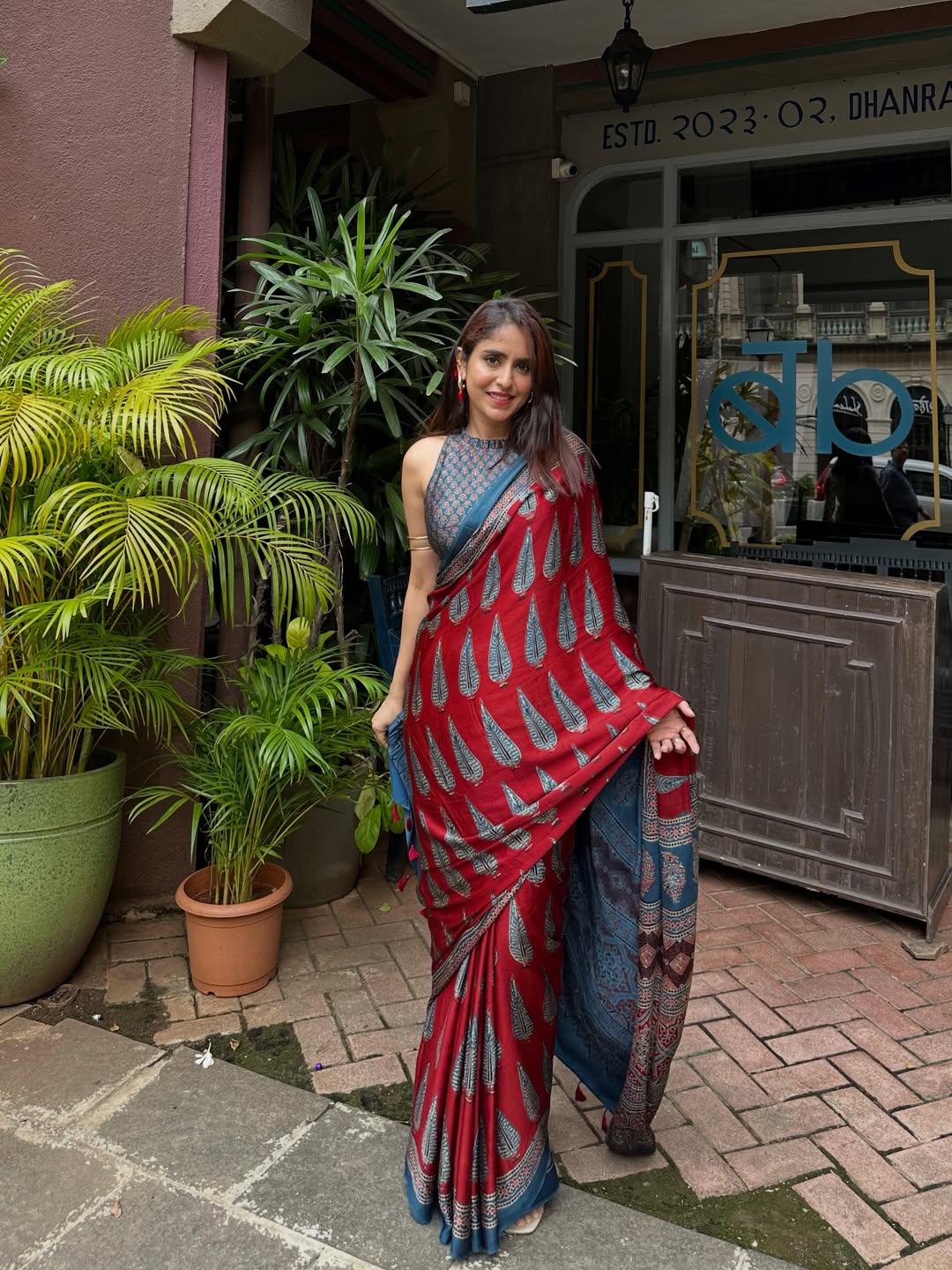 Indigo Border Ruby Ajrakh Saree With  Blouse