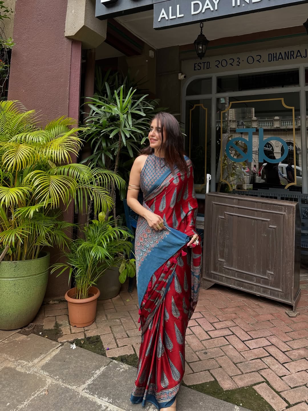 Indigo Border Ruby Ajrakh Saree With  Blouse