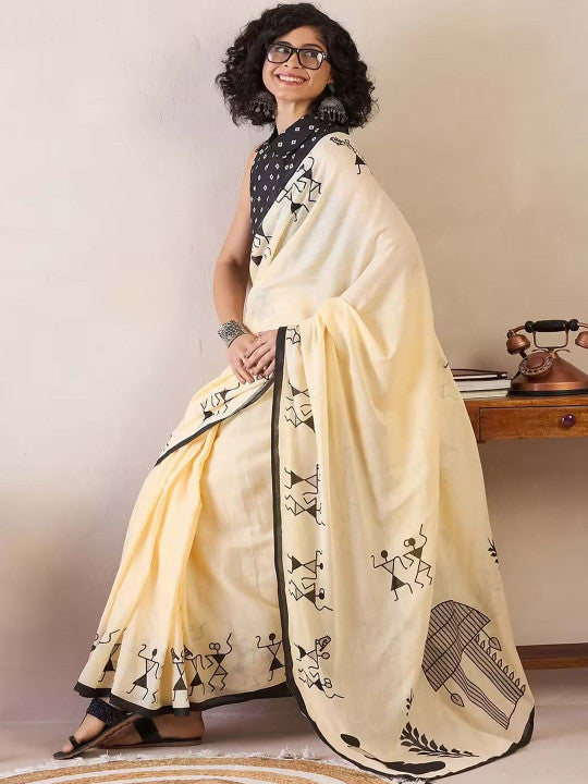 Cream-Coloured Warli Block Print Saree with Printed Border – Linen Blend