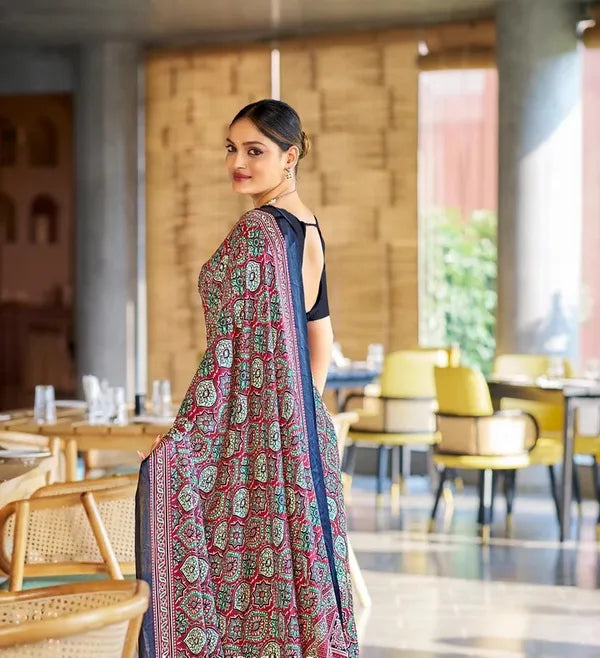 Luxurious Maroon Ajrakh Printed Soft Modal Silk Natural Print Saree