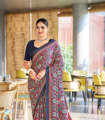 Luxurious Maroon Ajrakh Printed Soft Modal Silk Natural Print Saree