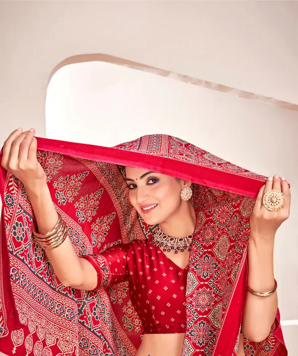 New ajrak modal Silk Ajrakh Fancy pallu saree