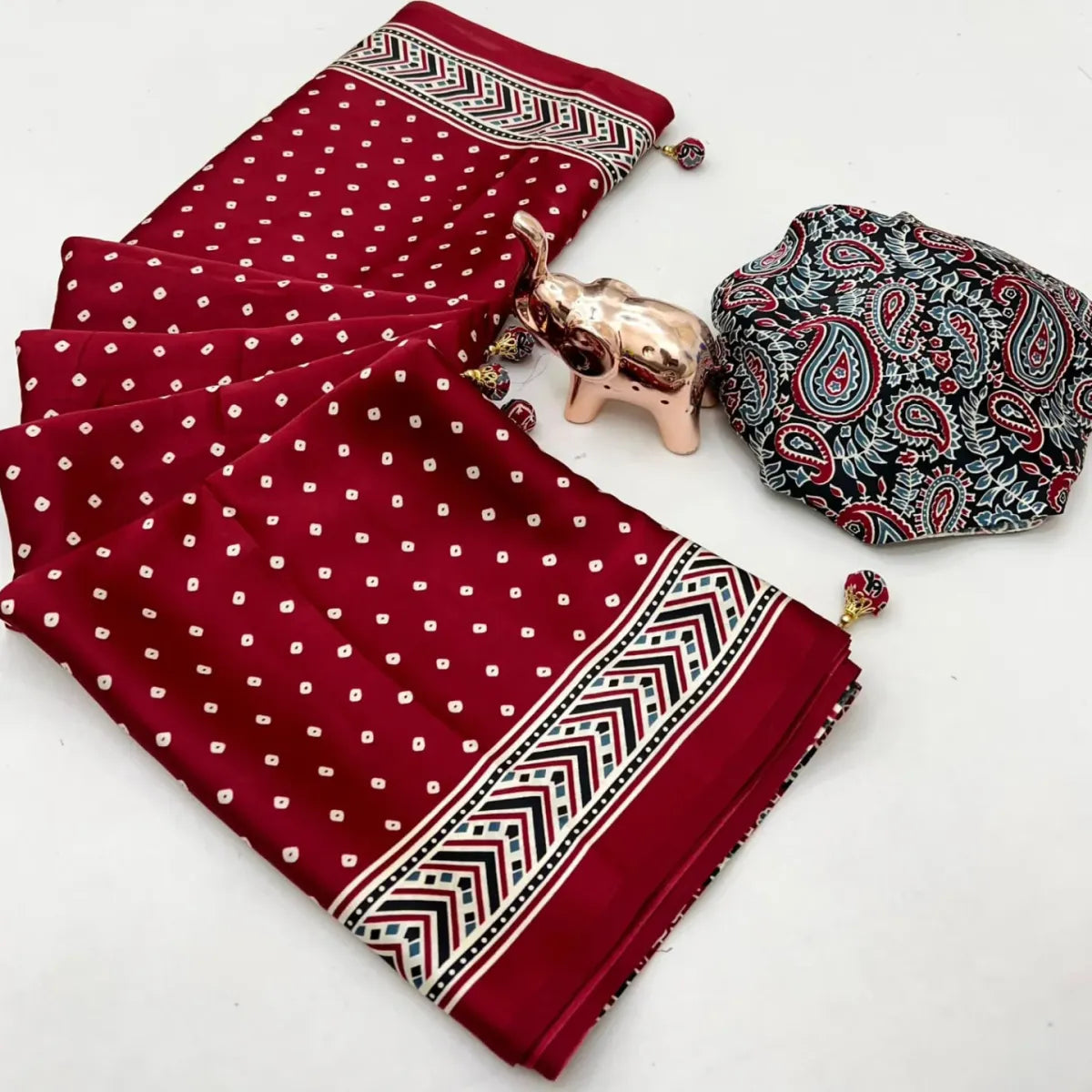 "Maroon Bandhani Modal Silk Saree with Ajrakh Border"