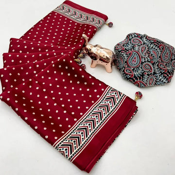 "Maroon Bandhani Modal Silk Saree with Ajrakh Border"
