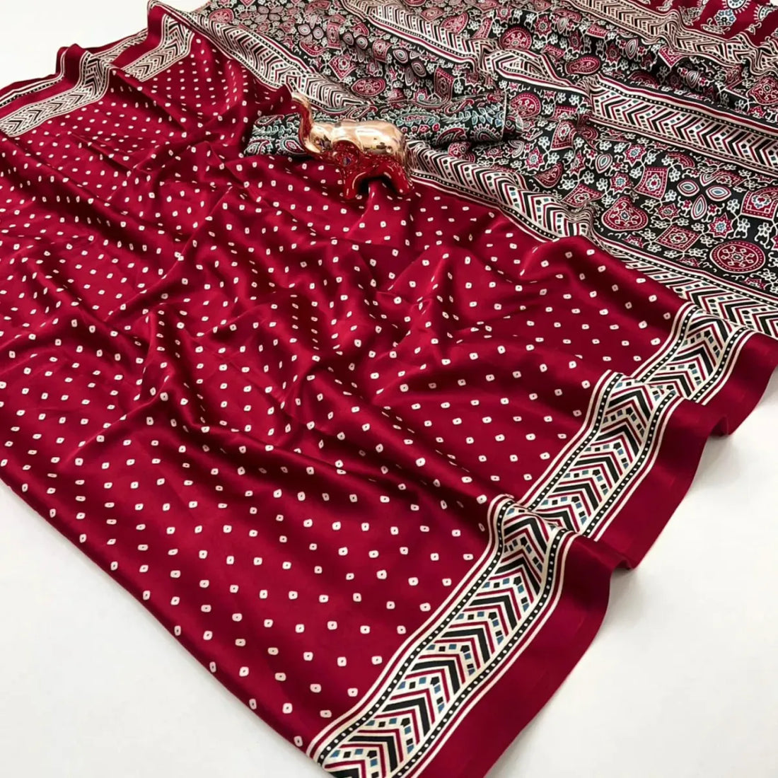 "Maroon Bandhani Modal Silk Saree with Ajrakh Border"