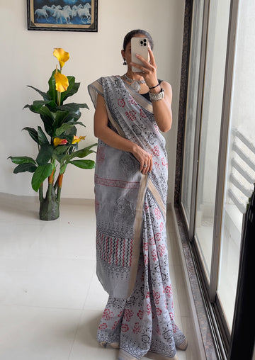 Serene Grey Handcrafted Elegance In Print Saree