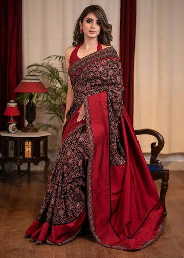Stylish Red Color Ajrak Printed Saree With Unstitched Blouse