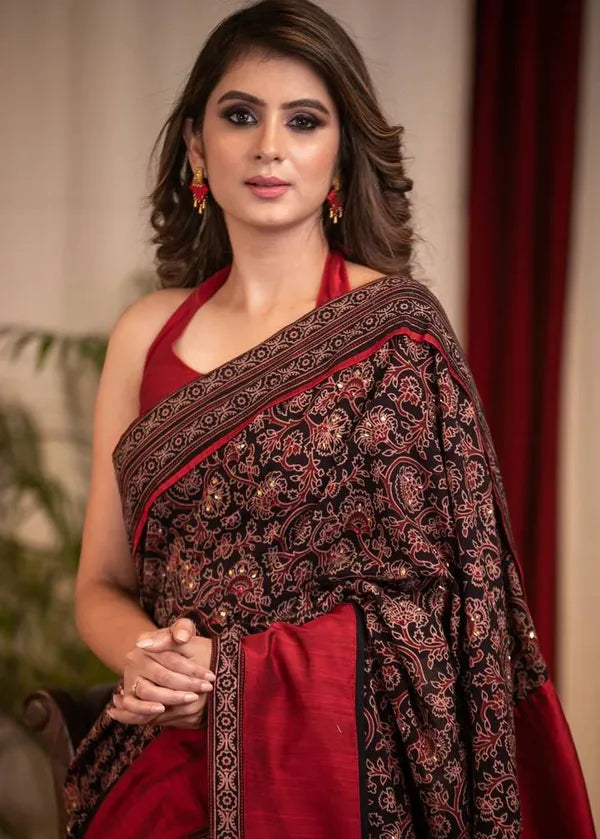Stylish Red Color Ajrak Printed Saree With Unstitched Blouse