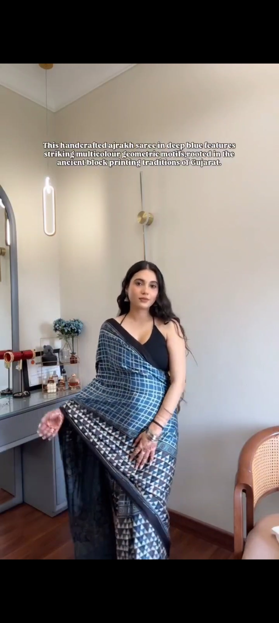 Handcrafted Ajrakh Modal Saree with Elegant Tassels