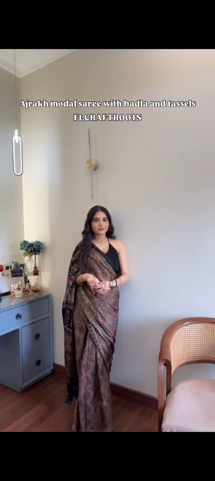 Traditional Ajrakh Modal Saree with Tassel Finish