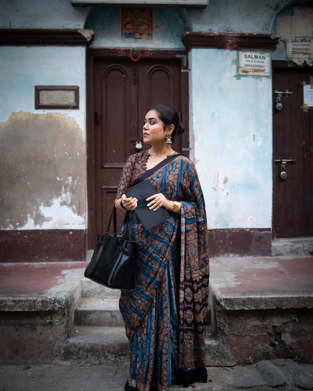 Rustic Charm Ajrakh Inspired Saree With Blouse