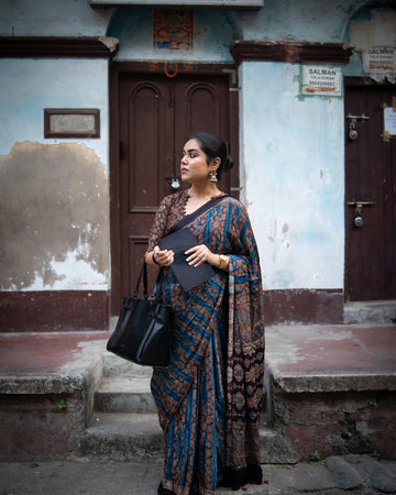 Rustic Charm Ajrakh Inspired Saree With Blouse
