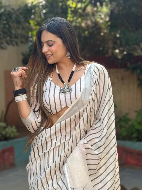 Attractive White Linen Digital Print Saree with Blouse Piece for Women